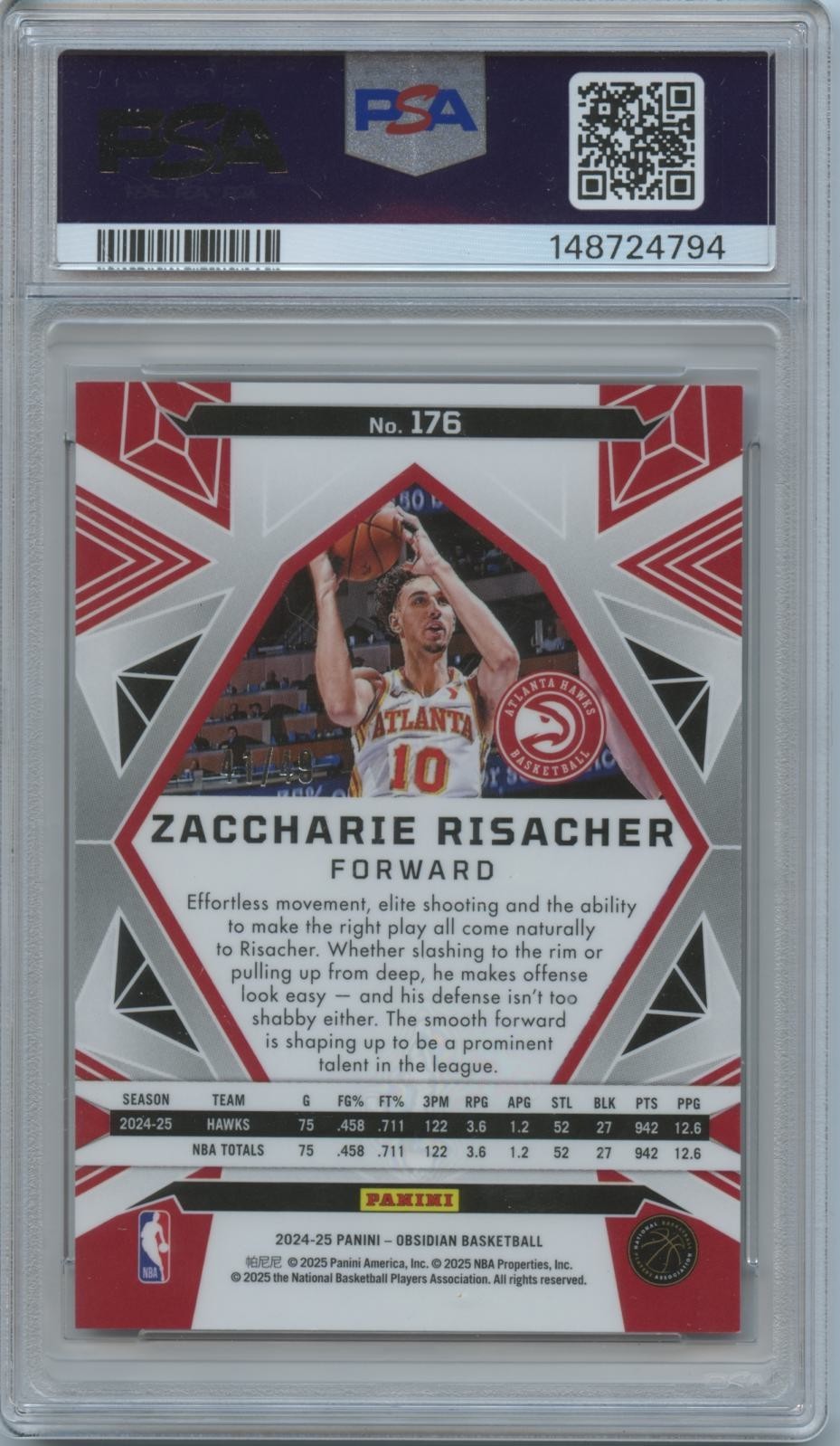 Zaccharie Risacher 2024-25 Obsidian Pink Flood Rookie RC Hawks 41/49 PSA 9