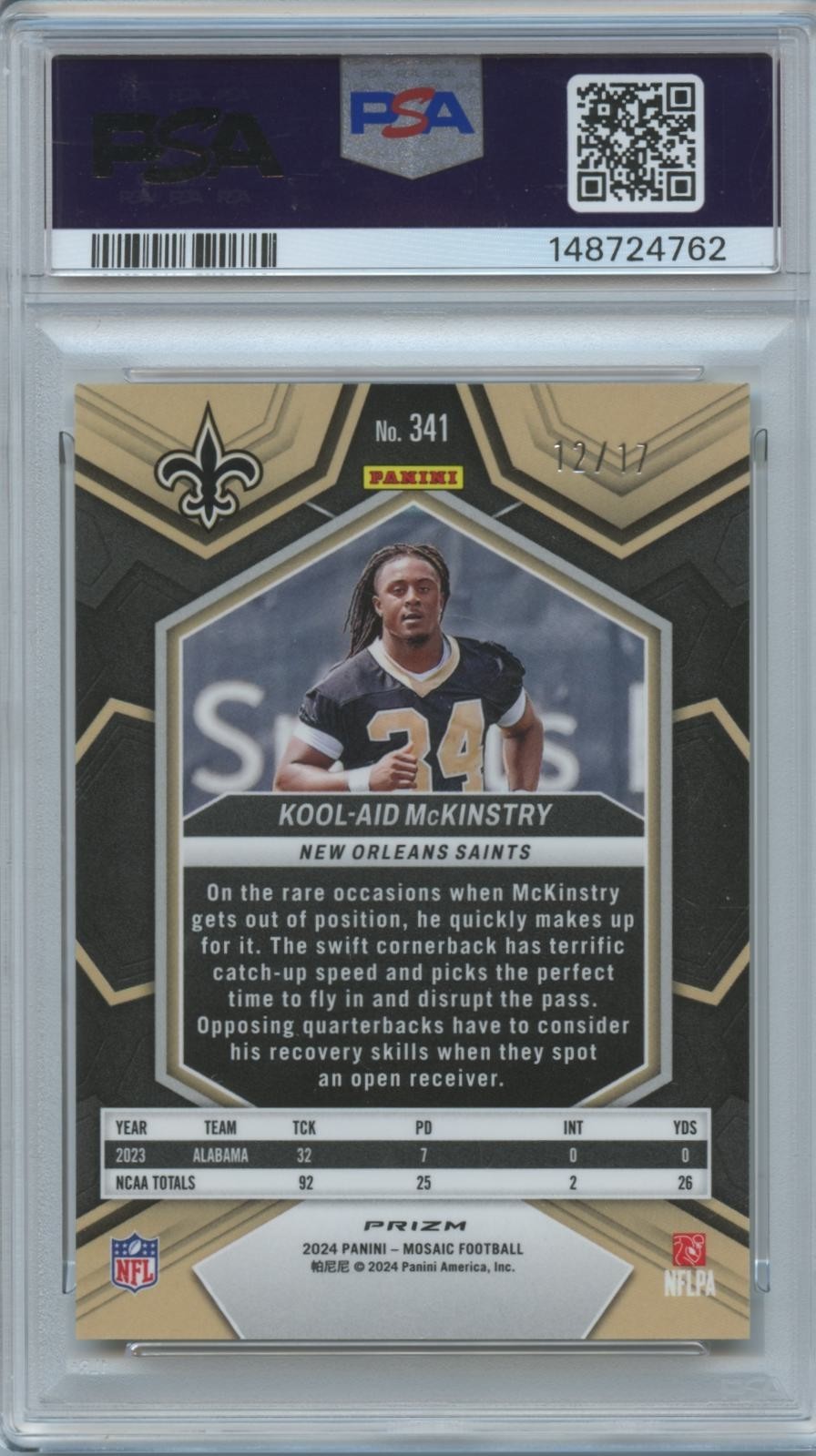 Kool-Aid Mckinstry 2024 Mosaic GOLD Wave Prizm Rookie RC Saints 12/17 PSA 10
