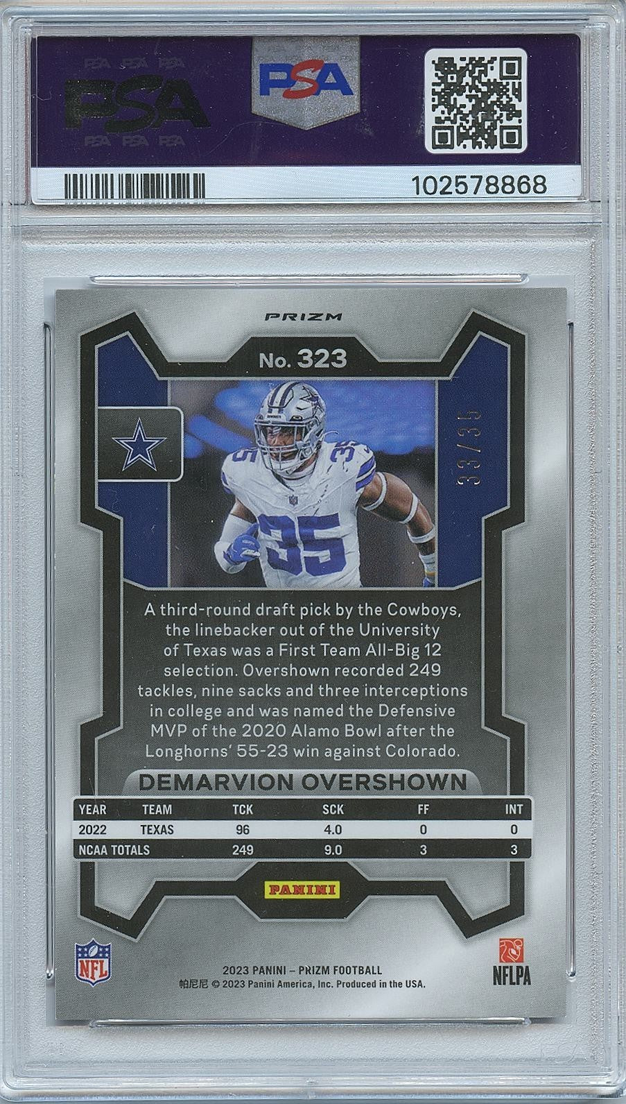 Demarvion Overshown 2023 Prizm No Huddle Purple Disco Cowboys 33/35 PSA 9
