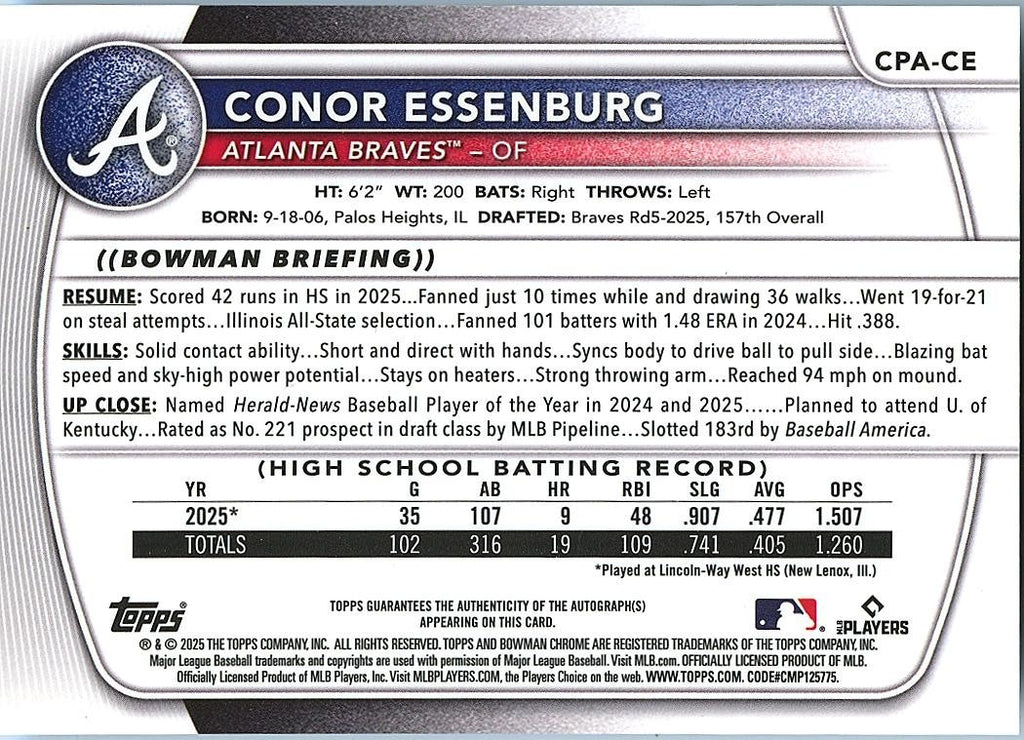 Conor Essenburg 2025 Bowman Chrome 1st GOLD Auto Autograph Atlanta Braves 36/50