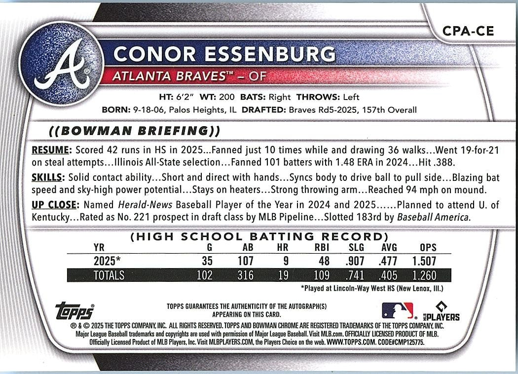 Conor Essenburg 2025 Bowman Chrome 1st GOLD Auto Autograph Atlanta Braves 36/50