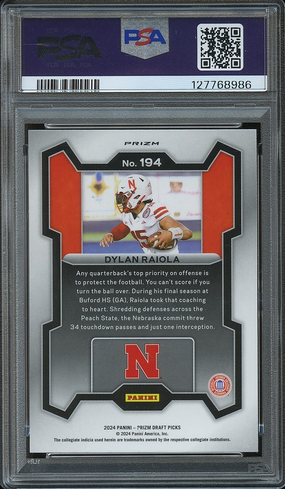 Dylan Raiola 2024 Prizm Draft Red Ice Rookie RC Nebraska #194 PSA 10