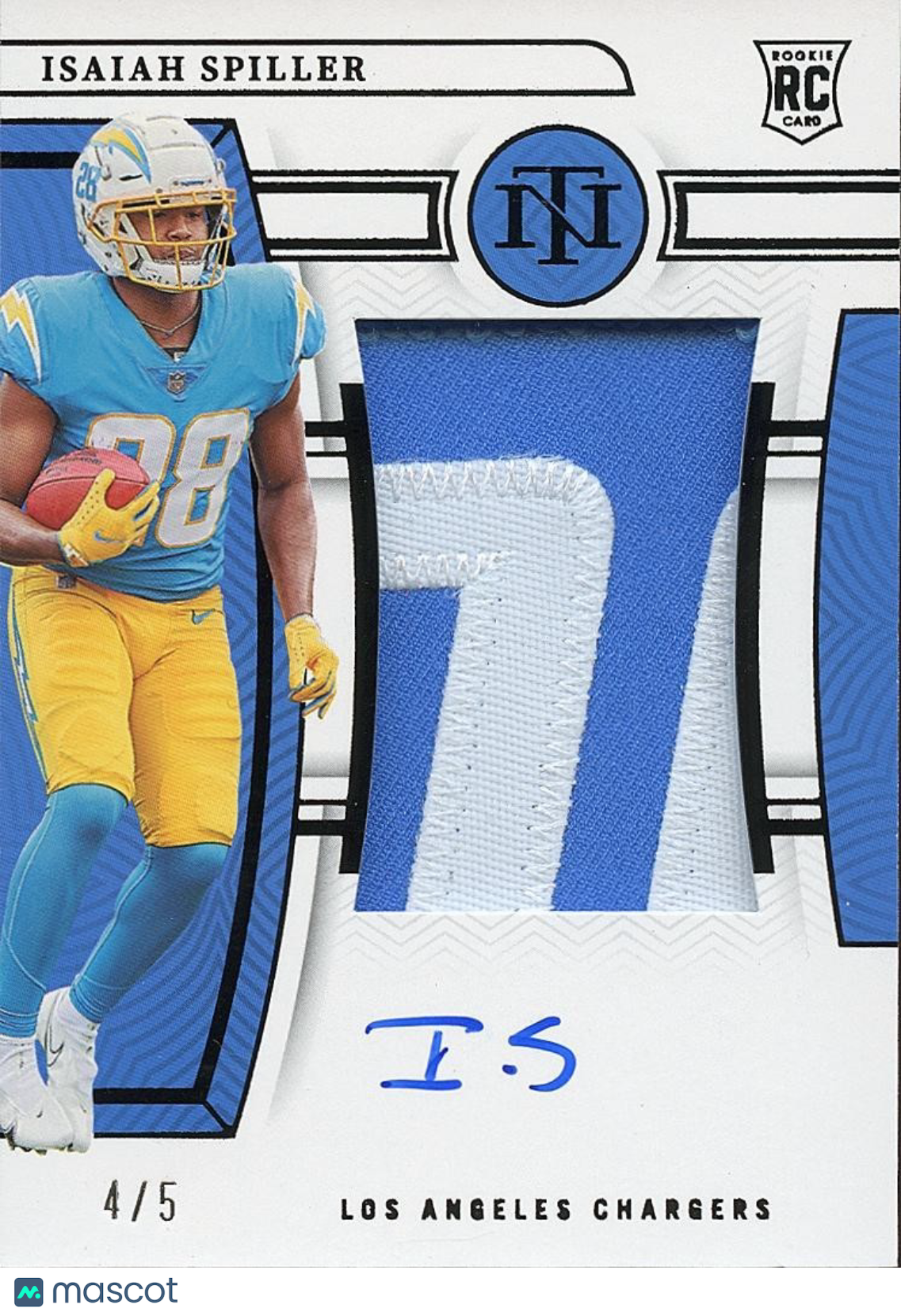 Isaiah Spiller 2022 National Treasures Auto Autograph Patch SSP RC Chargers 4/5