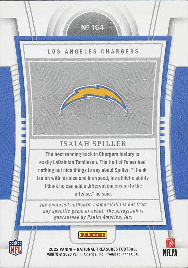 Isaiah Spiller 2022 National Treasures Auto Autograph Patch SSP RC Chargers 4/5