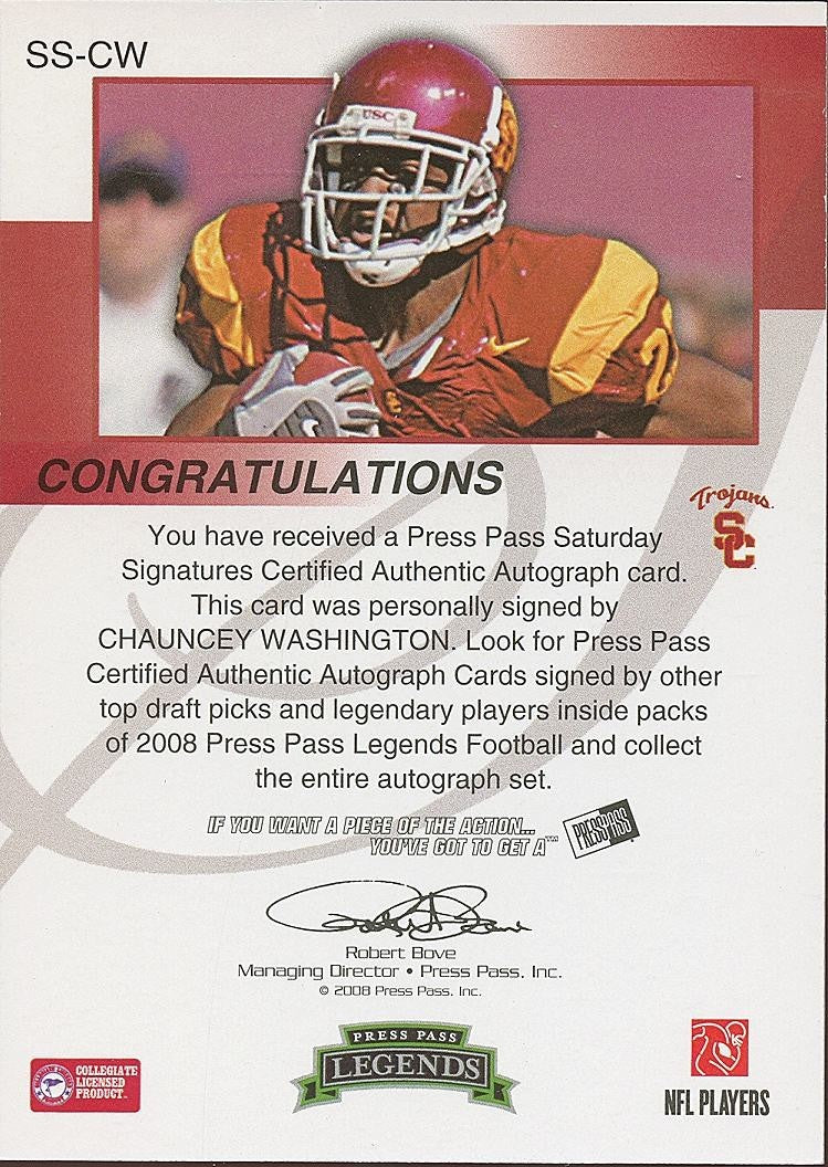Chauncey Washington 2008 Press Pass Red Ink Auto Autograph RC SSP USC Trojans