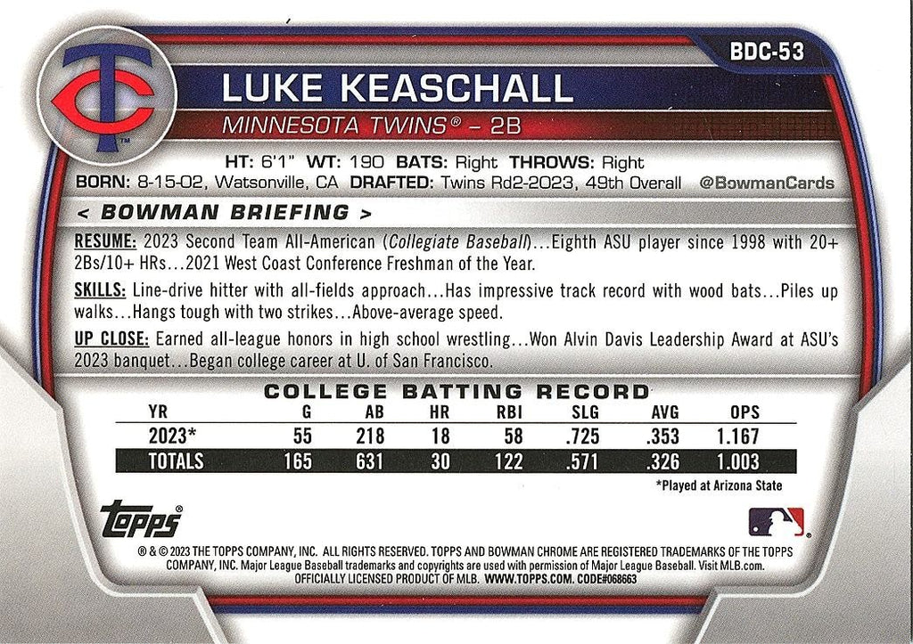Luke Keaschall 2023 Bowman Chrome 1st Purple Refractor RC Twins 163/250