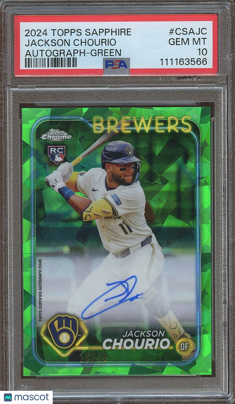 Jackson Chourio 2024 Topps Chrome Sapphire Green Auto Autograph RC 16/99 PSA 10