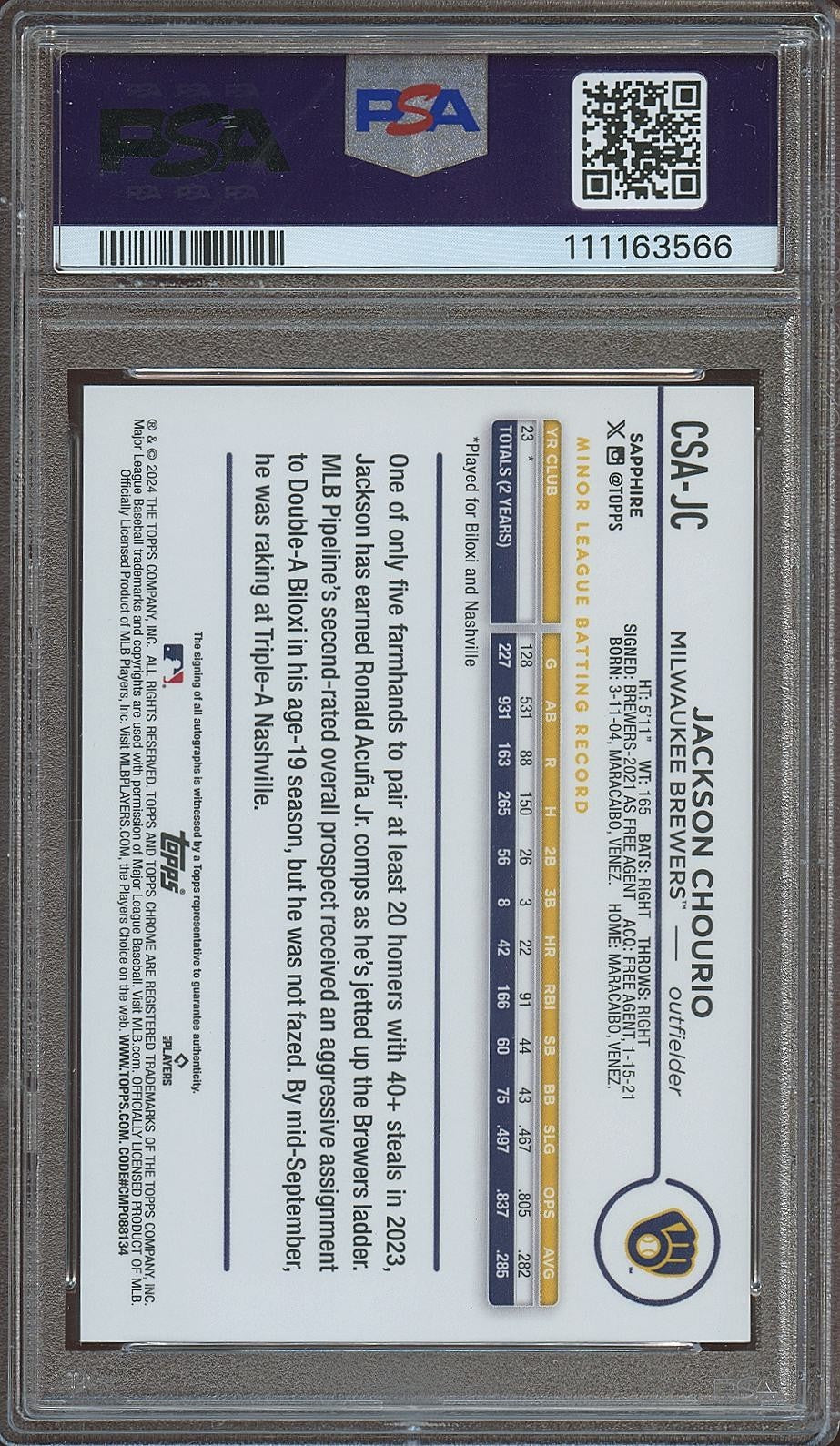 Jackson Chourio 2024 Topps Chrome Sapphire Green Auto Autograph RC 16/99 PSA 10