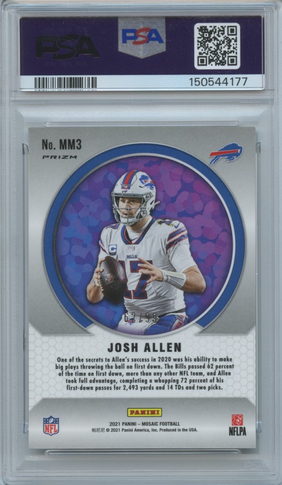 Josh Allen 2021 Mosaic Men Of Mastery Blue Prizm Buffalo Bills 62/99 PSA 10