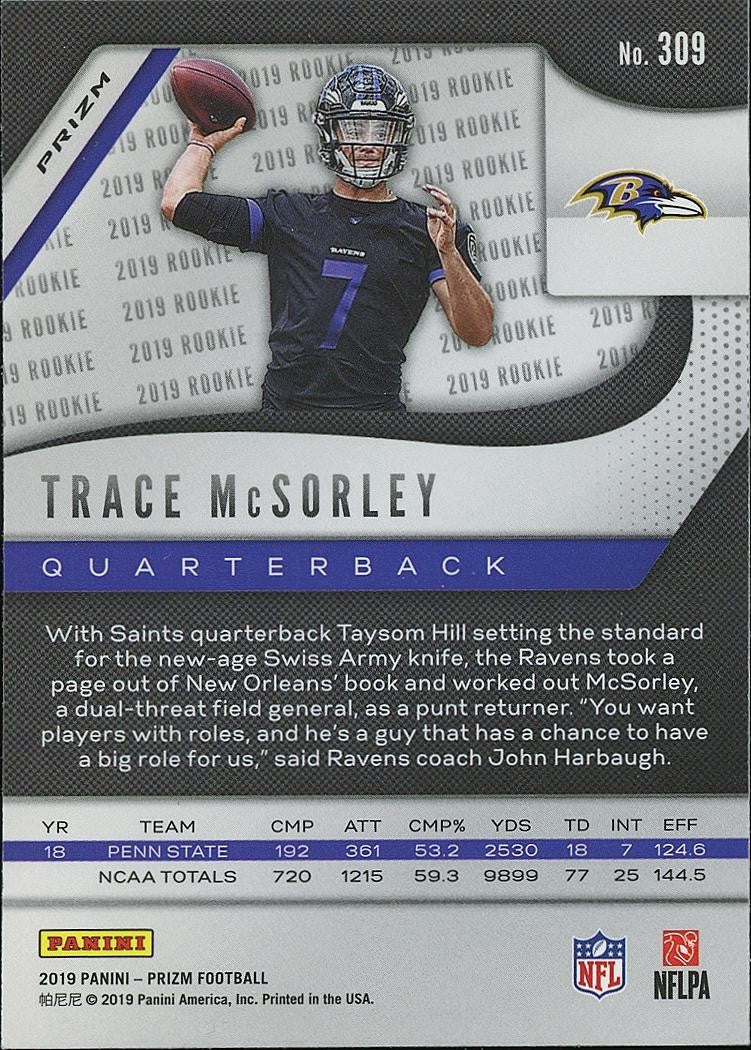 Trace Mcsorley 2019 Select Retail BLUE Prizm SSP Rookie RC Baltimore Ravens #309