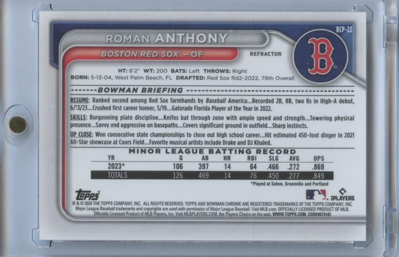 Roman Anthony 2024 Bowman Chrome Refractor Prospect Boston Red Sox 289/499