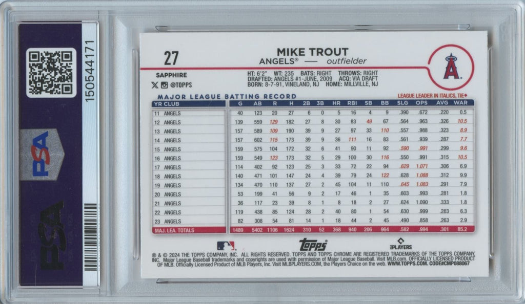Mike Trout 2024 Topps Chrome Sapphire Orange Refractor LA Angels 9/25 PSA 10