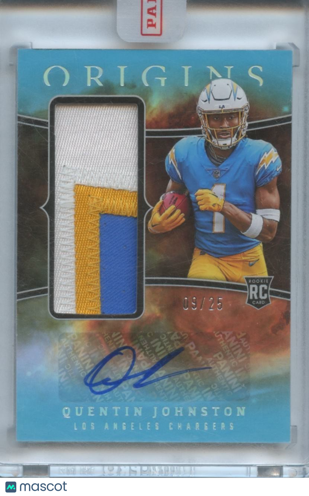 Quentin Johnston 2023 Origins Auto Autograph Patch RC Los Angeles Chargers 9/25