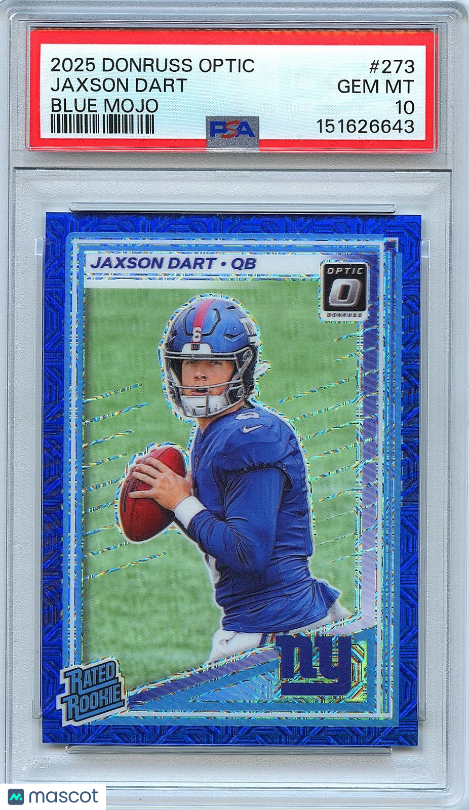 Jaxson Dart 2025 Optic Rated Rookie Blue Mojo RC New York Giants 42/55 PSA 10