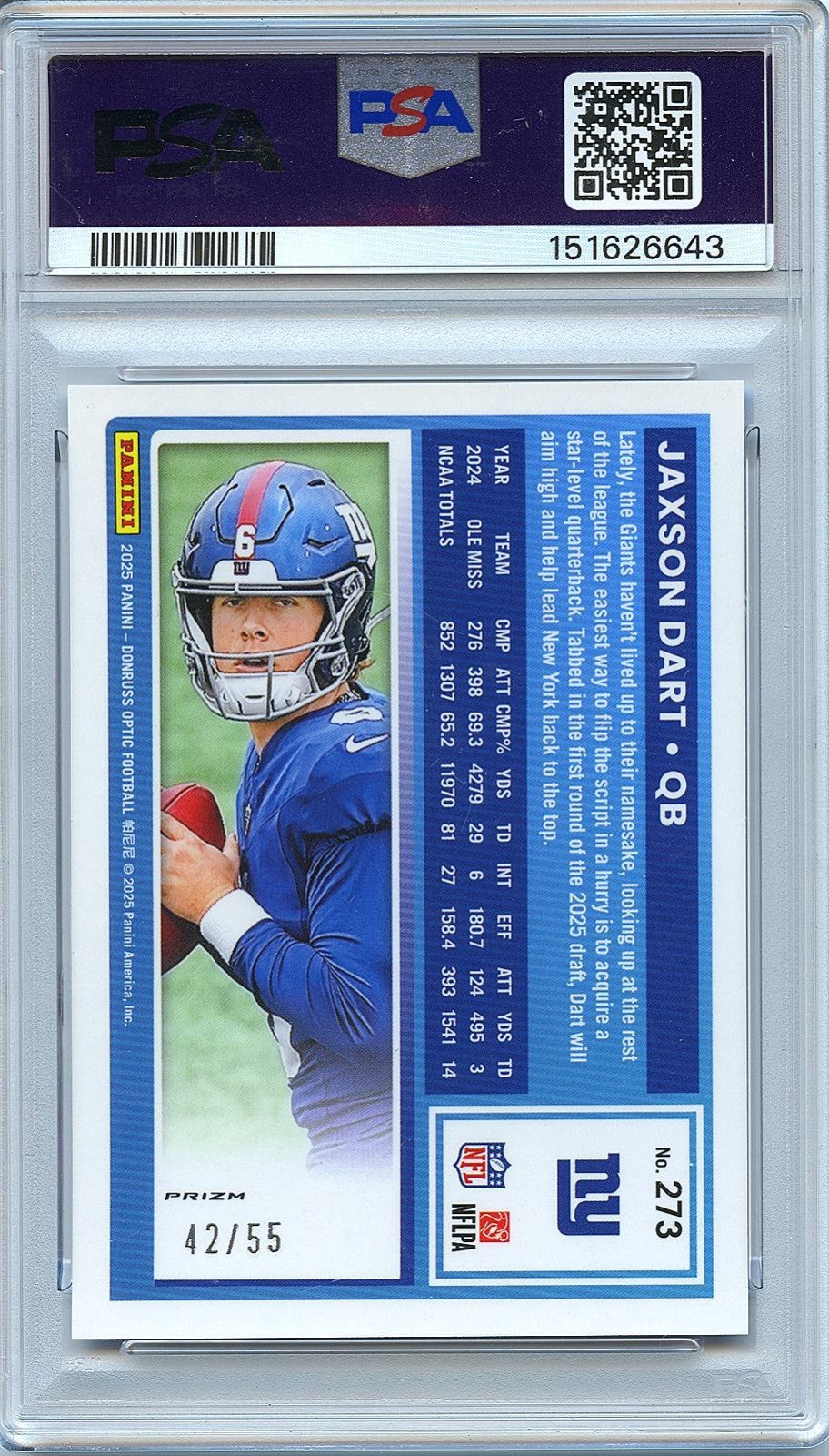 Jaxson Dart 2025 Optic Rated Rookie Blue Mojo RC New York Giants 42/55 PSA 10
