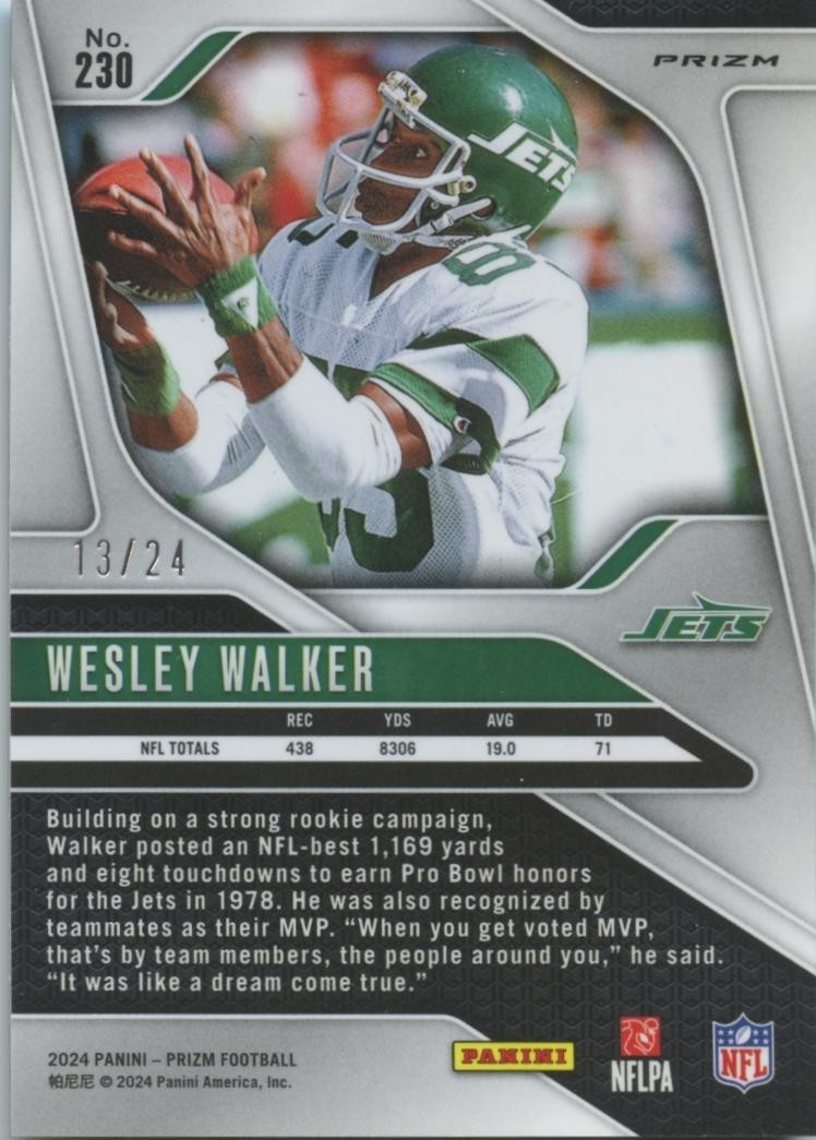 Wesley Walker 2024 Prizm GOLD Sparkle Prizm SSP New York Jets 13/24 #230