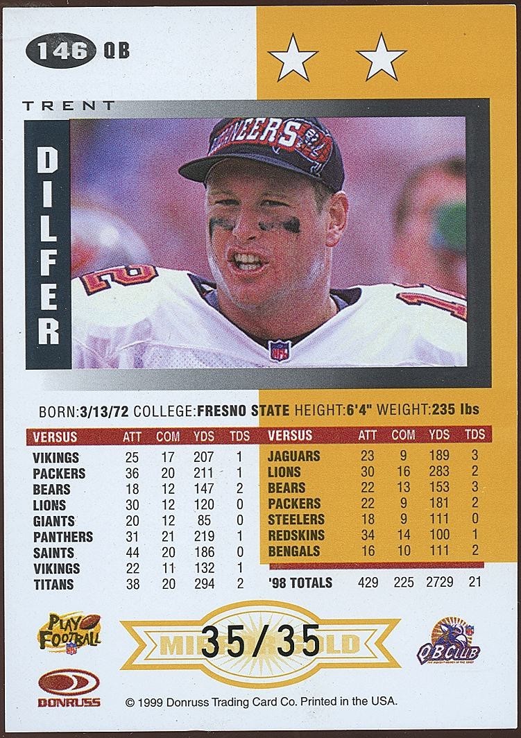 Trent Dilfer 1999 Leaf Certified 2 Star Mirror GOLD Tampa Bay Buccaneers 35/35