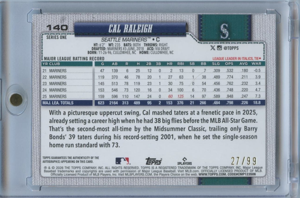 Cal Raleigh 2026 Topps Green On Card Auto Autograph Seattle Mariners 27/99