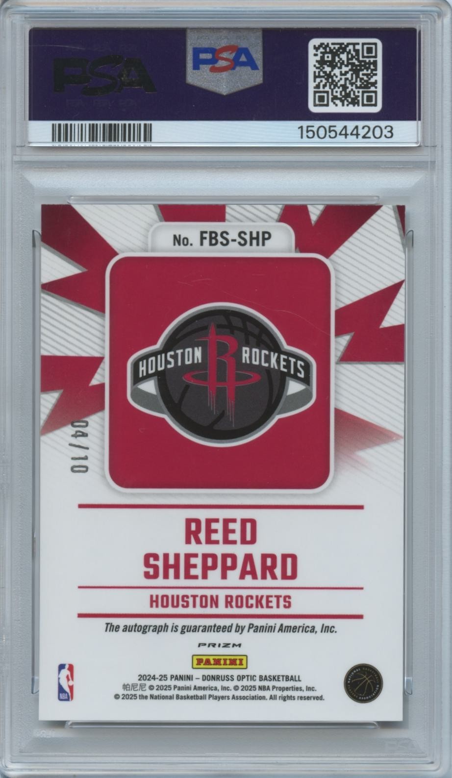 Reed Sheppard 2024-25 Optic FastBreak GOLD Auto Autograph RC Rockets 4/10 PSA 10