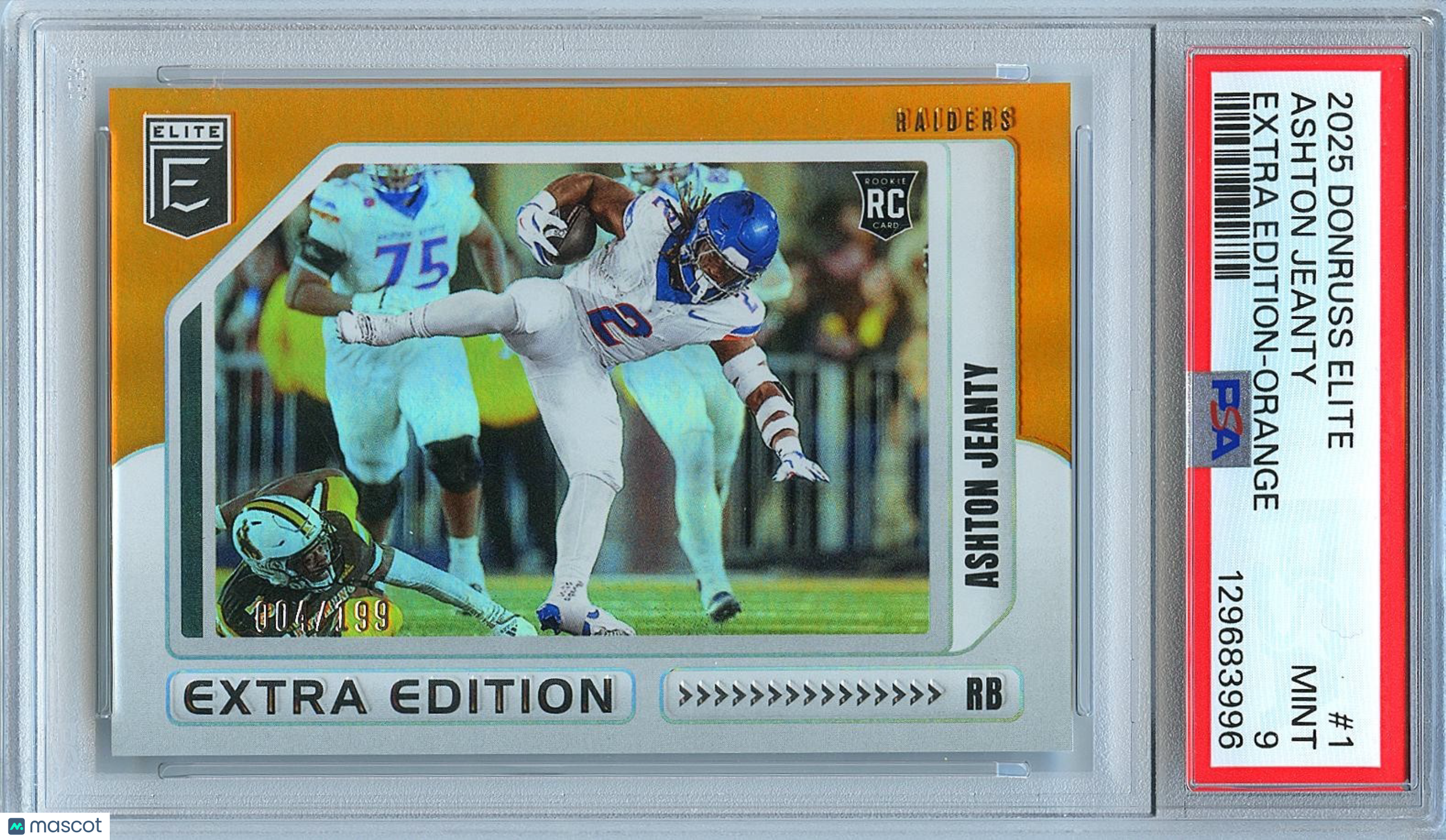 Ashton Jeanty 2025 Elite Extra Orange Rookie RC Boise State Raiders 4/199 PSA 9
