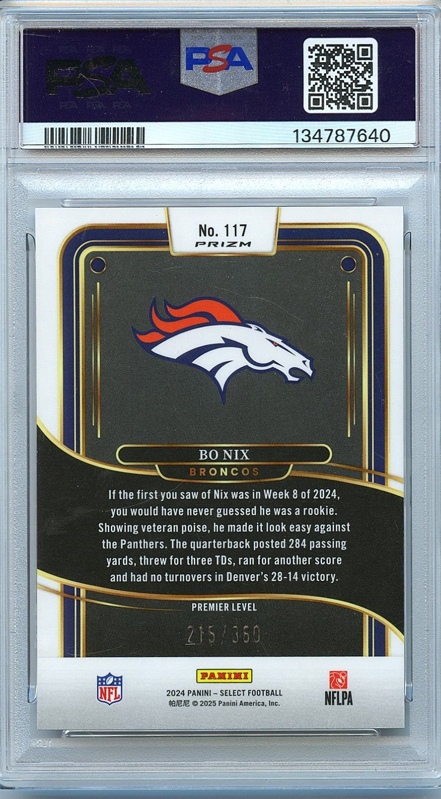 Bo Nix 2024 Select Purple Shock Prizm Rookie RC Denver Broncos 215/360 PSA 9
