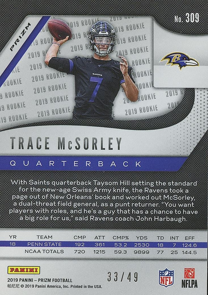 Trace Mcsorley 2019 Prizm Purple Power Rookie RC Baltimore Ravens 33/49 #309