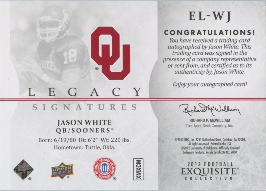 Jason White 2011 Upper Deck Exquisite Auto Autograph Oklahoma Sooners 14/60