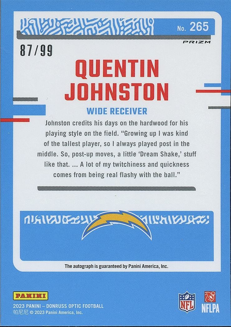 Quentin Johnston 2023 Optic Rated Rookie BLUE Auto Autograph RC Chargers 87/99