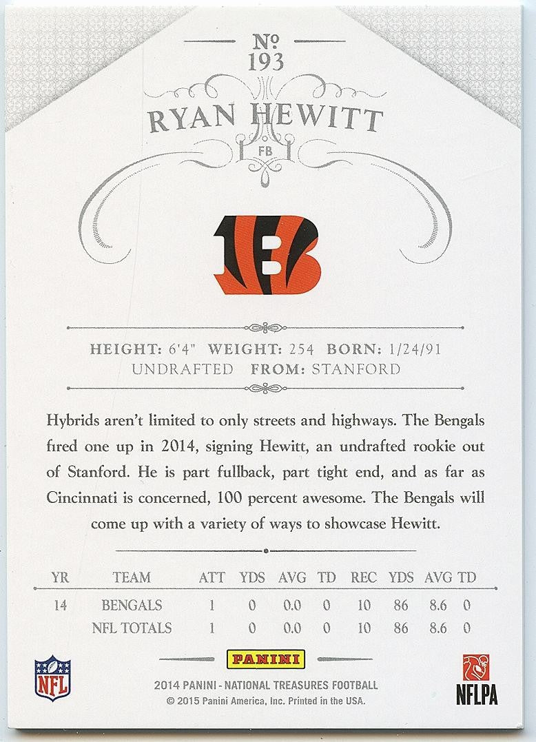 Ryan Hewitt 2014 National Treasures Rookie RC SSP Cincinnati Bengals 2/5 #193