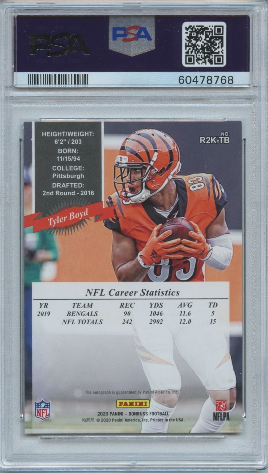 Tyler Boyd 2020 Donruss Retro Auto Autograph Cincinnati Bengals 21/25 PSA 9