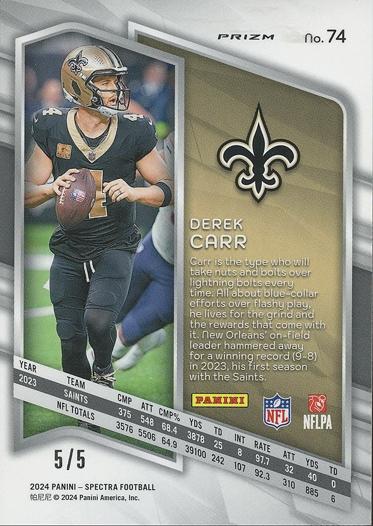 Derek Carr 2024 Spectra Psychedelic Prizm SSP New Orleans Saints 5/5