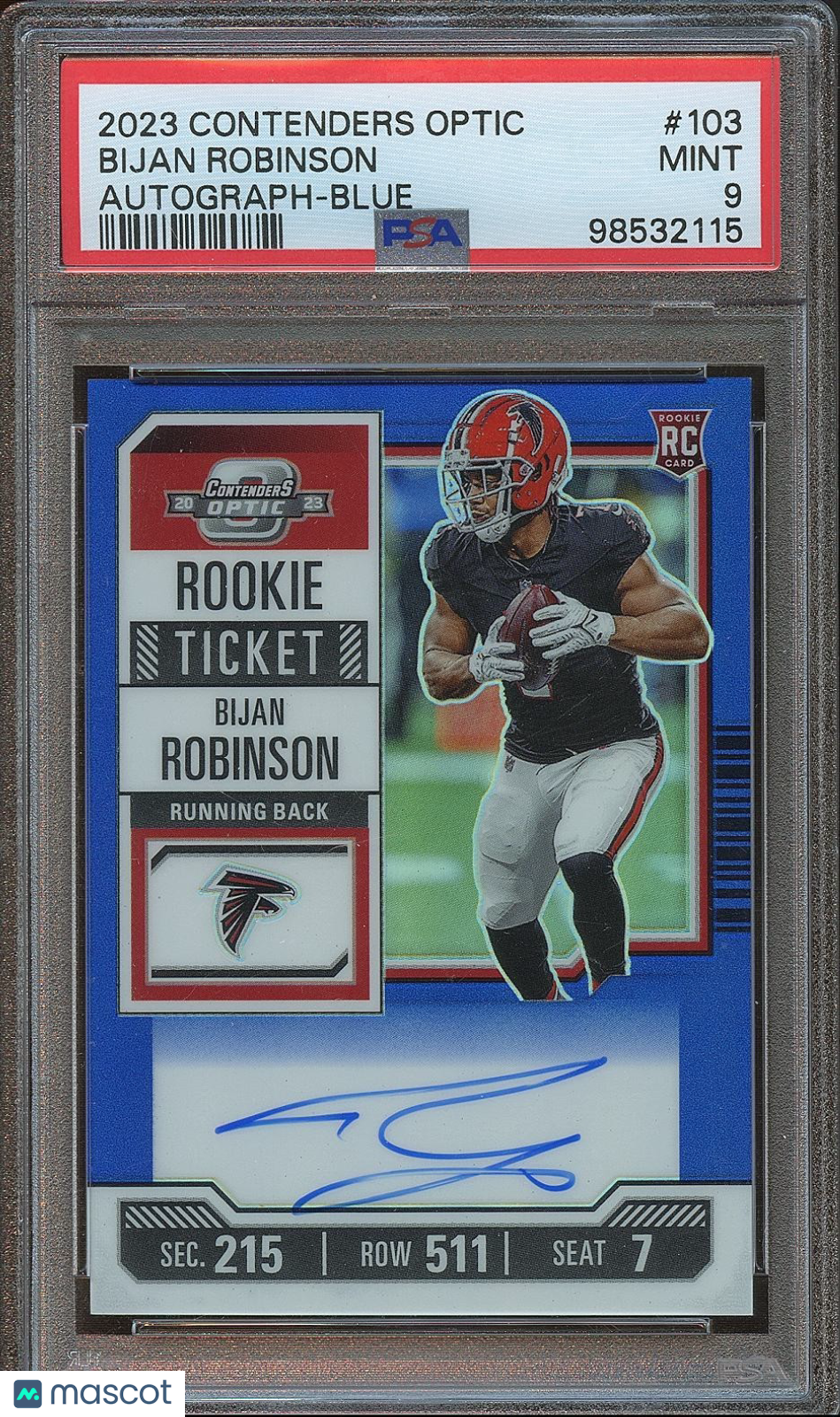 Bijan Robinson 2023 Contenders Optic Auto Autograph RC Blue Falcons 59/75 PSA 9