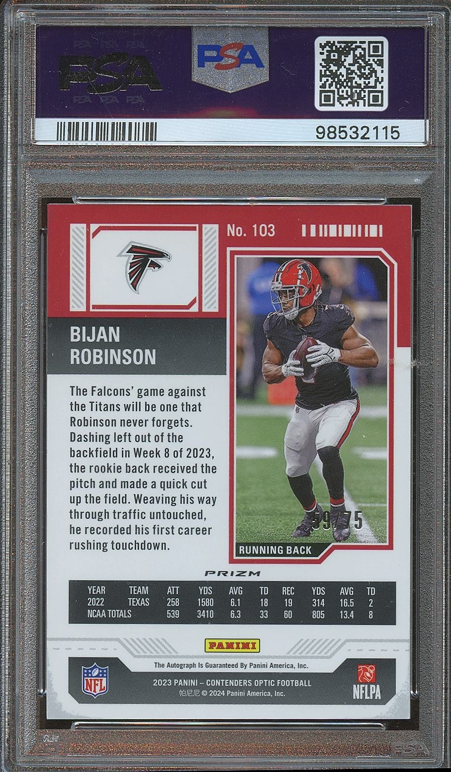 Bijan Robinson 2023 Contenders Optic Auto Autograph RC Blue Falcons 59/75 PSA 9
