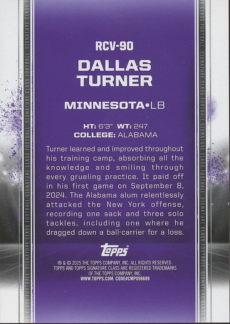 Dallas Turner 2025 Topps Signature Class GOLD SSP Rookie RC Vikings 9/10