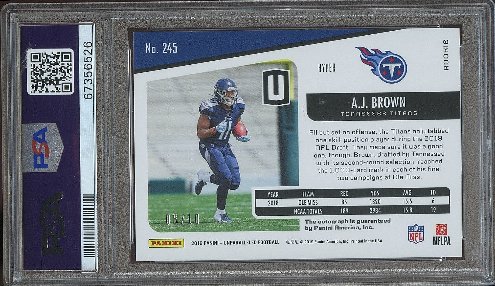 A.J. Brown 2019 Unparalleled Hyper Auto Autograph RC Eagles Titans 6/10 PSA 10