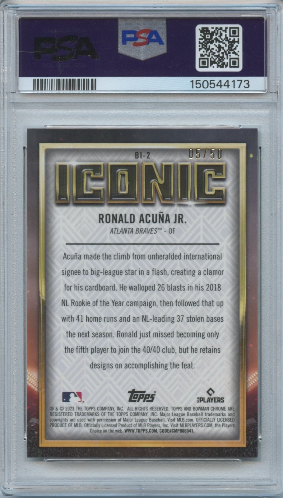 Ronald Acuna Jr. 2023 Bowman Chrome Iconic GOLD Refractor Braves 5/50 PSA 9