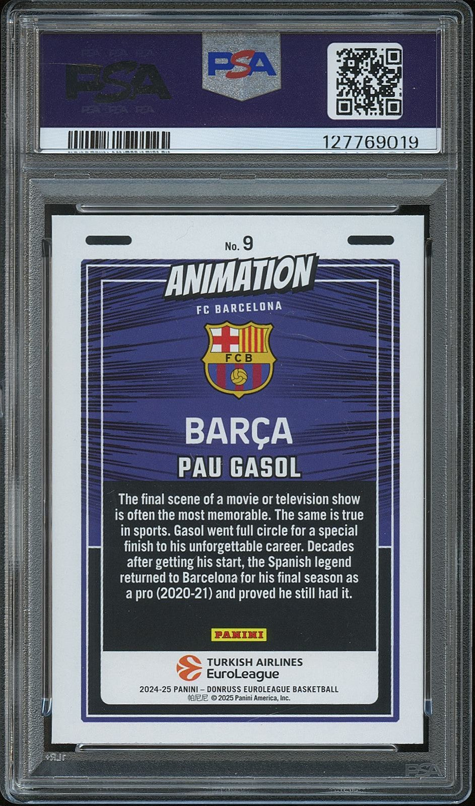 Pau Gasol 2024 Donruss Euroleague Animation SSP CASE HIT FC Barcelona PSA 9