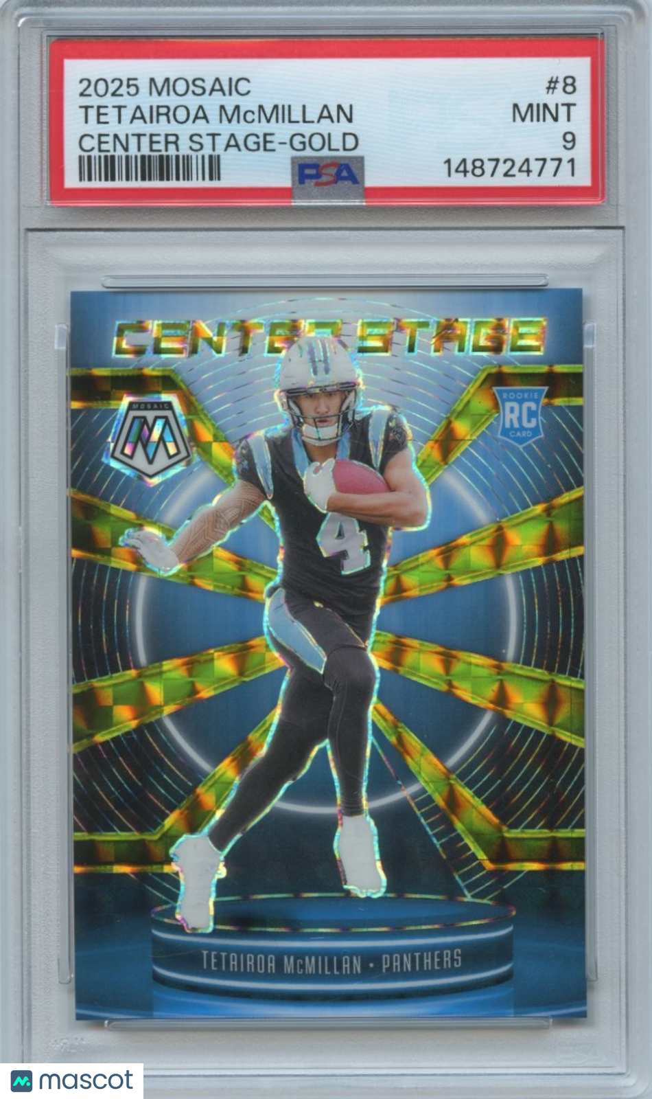 Tetairoa Mcmillan 2025 Mosaic Center Stage GOLD Prizm Rookie 5/10 Panthers PSA 9