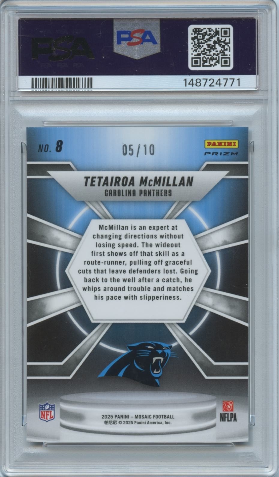 Tetairoa Mcmillan 2025 Mosaic Center Stage GOLD Prizm Rookie 5/10 Panthers PSA 9
