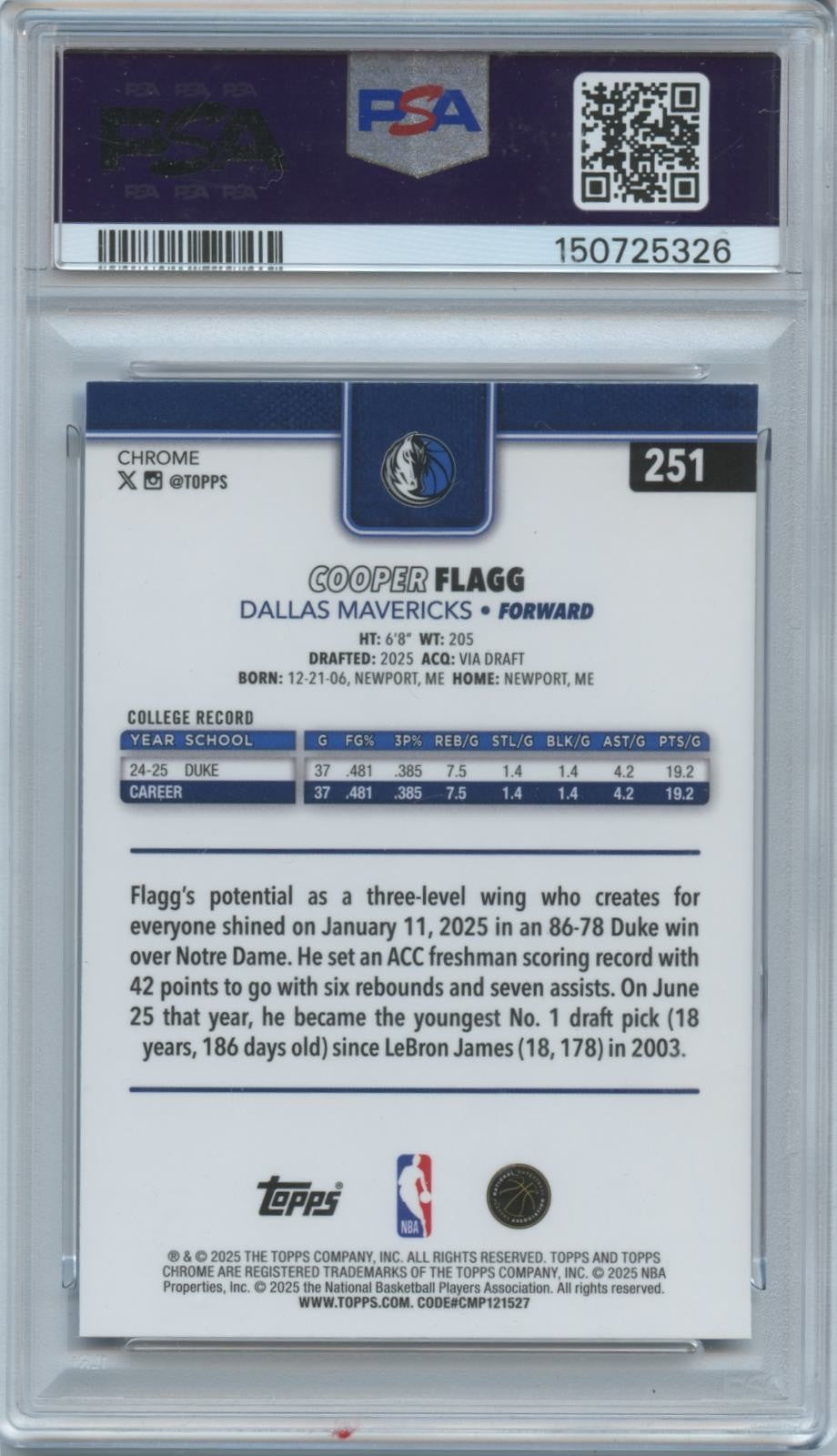 Cooper Flagg 2025-26 Topps Chrome Blue Raywave Rookie RC Mavericks 106/150 PSA 9