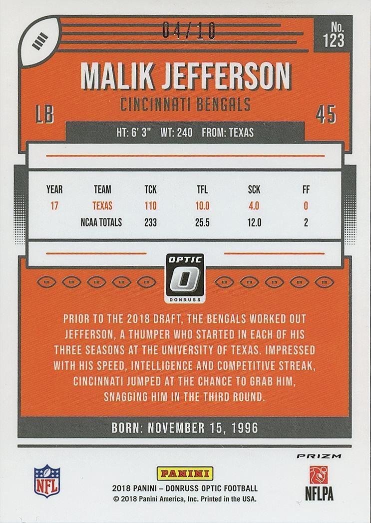 Malik Jefferson 2018 Optic GOLD Prizm SSP Rookie RC Cincinnati Bengals 4/10