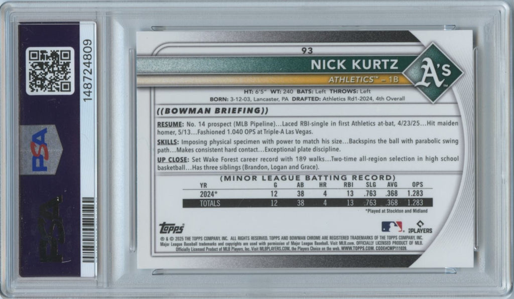 Nick Kurtz 2025 Bowman Chrome Steel Metal Rookie RC Athletics 80/100 PSA 10