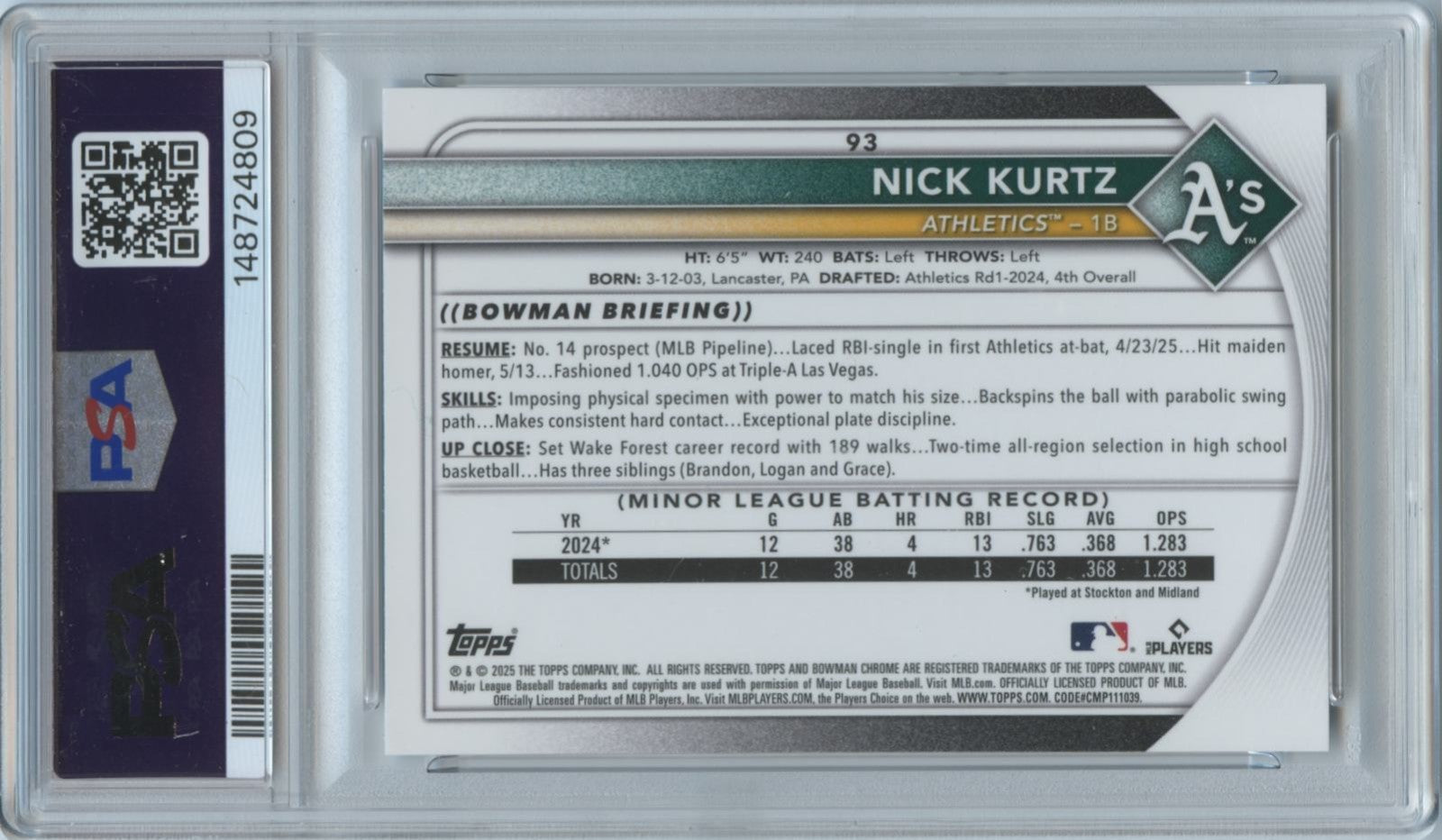 Nick Kurtz 2025 Bowman Chrome Steel Metal Rookie RC Athletics 80/100 PSA 10