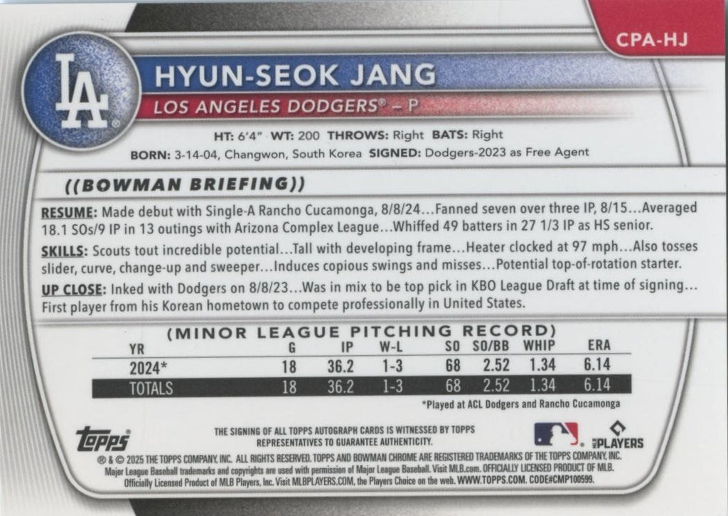 Hyun-Seok Jang 2025 Bowman Chrome 1st Auto Autograph RC Los Angeles Dodgers