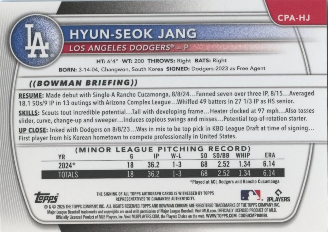 Hyun-Seok Jang 2025 Bowman Chrome 1st Auto Autograph RC Los Angeles Dodgers