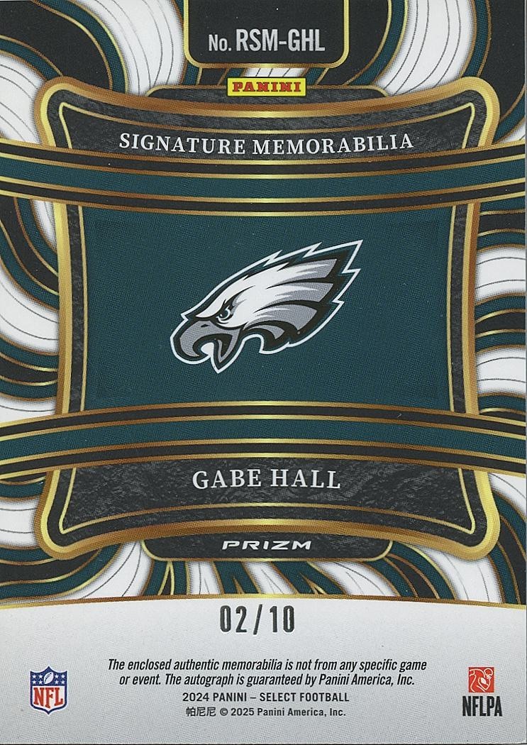 Gabe Hall 2024 Select GOLD Auto Autograph Logo Patch RC Philadelphia Eagles 2/10