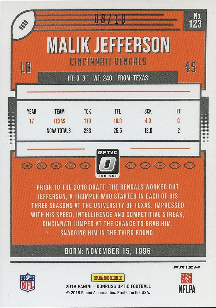Malik Jefferson 2018 Optic GOLD Prizm SSP Rookie RC Cincinnati Bengals 8/10