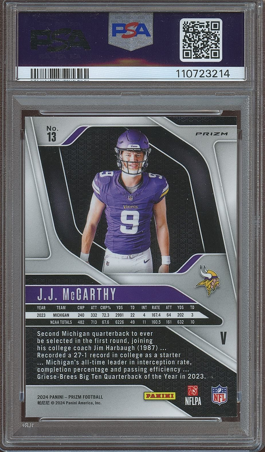 J.J. Mccarthy 2024 Prizm Rookie Variation RC Silver Minnesota Vikings PSA 9
