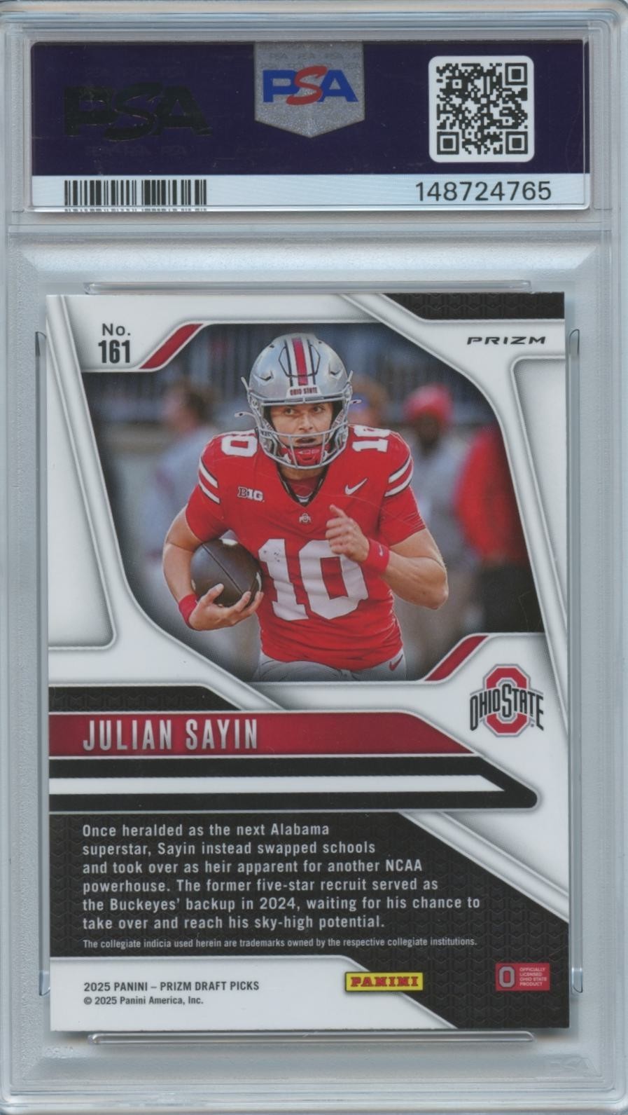 Julian Sayin 2025 Prizm Draft Silver Prizm Rookie RC Ohio State Buckeyes PSA 10