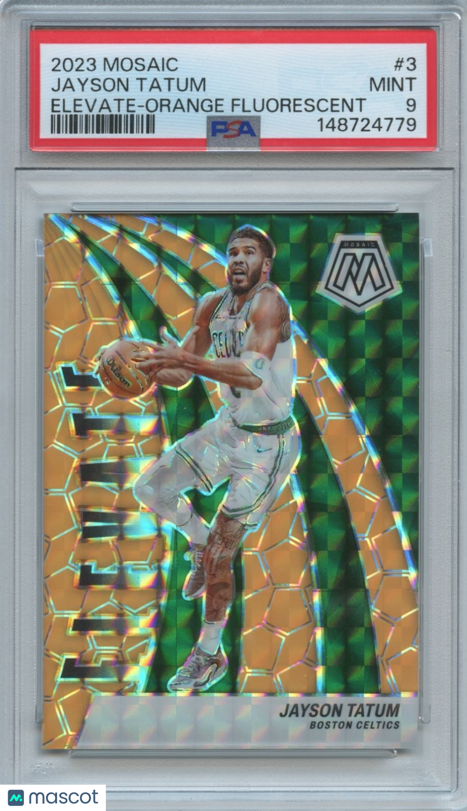 Jayson Tatum 2023-24 Mosaic Orange Fluorescent Prizm Celtics 20/25 PSA 9